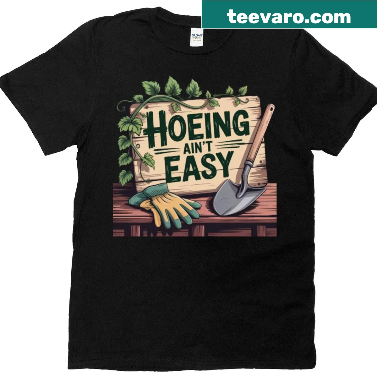 Vintage-style gardening t-shirt with humorous hoeing quote and tools graphics. — on a men's t-shirt