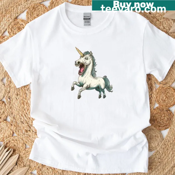 Illustrative shirt with a funny laughing unicorn graphic