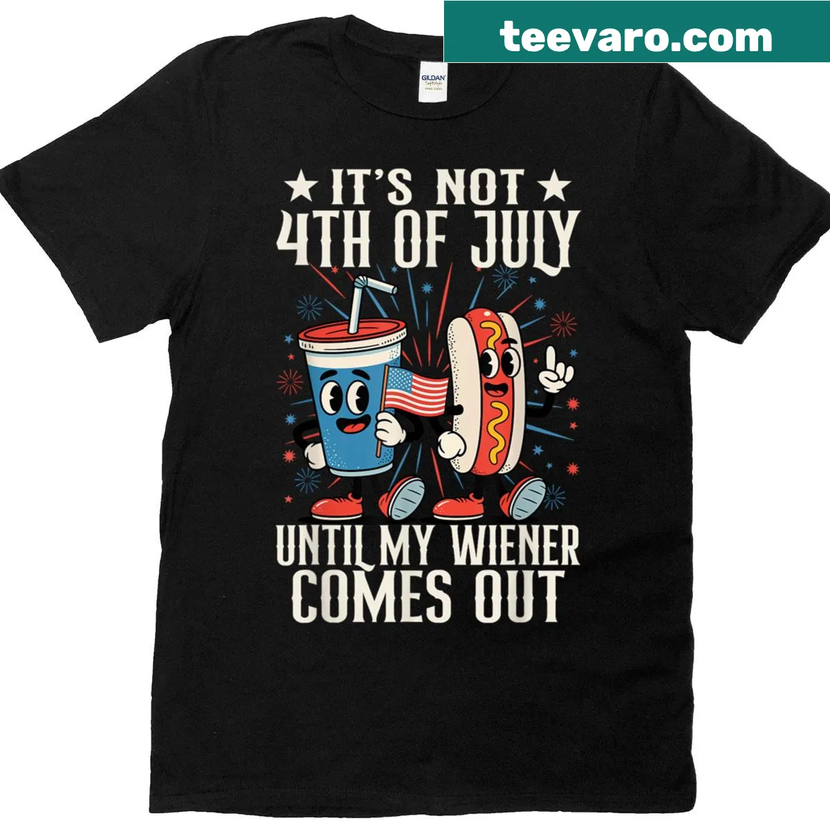 Funny hotdog-themed T-shirt with humorous phrase for July 4th — on a men's t-shirt