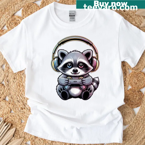 Cute raccoon playing video games on a funny T-shirt