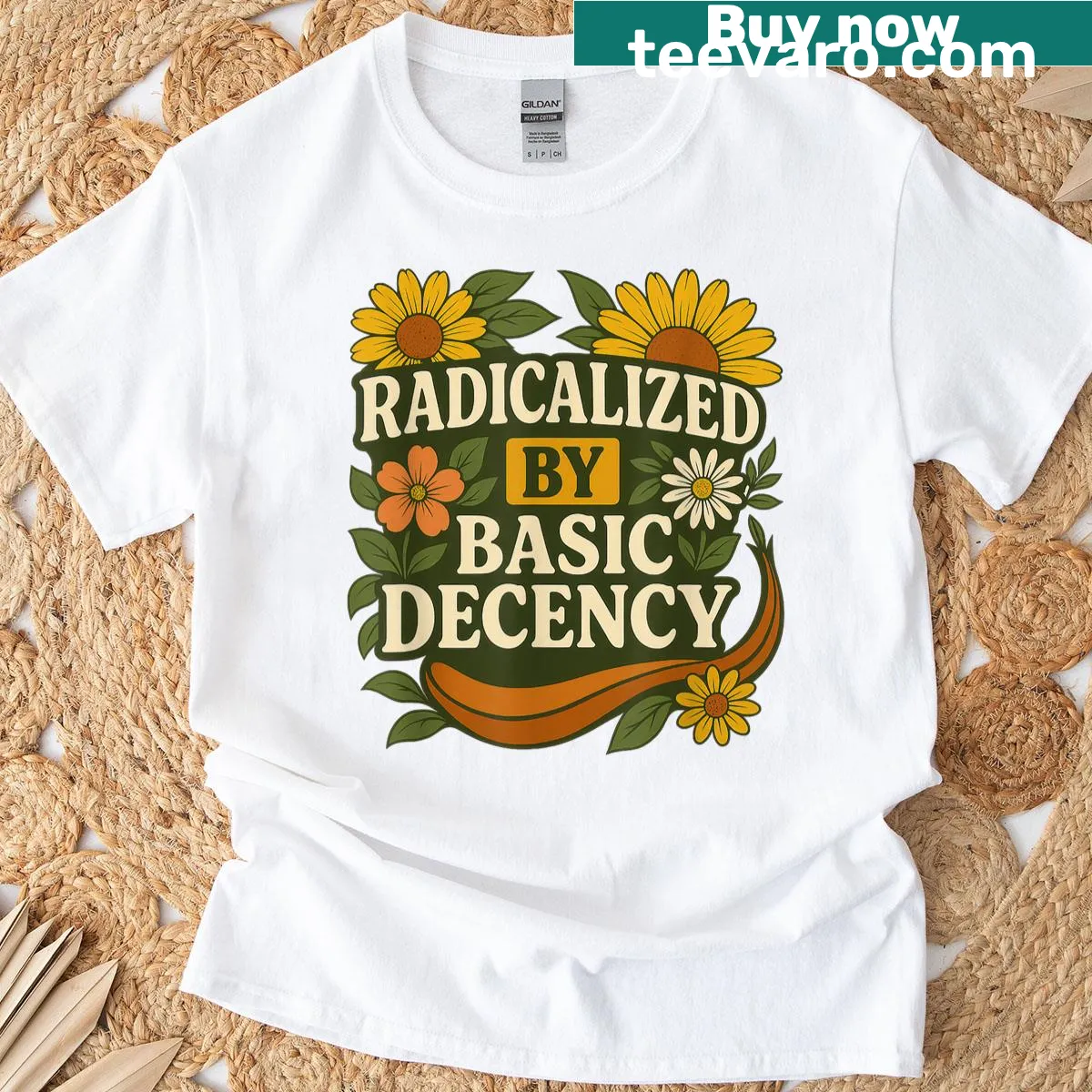 Vintage floral graphic with the phrase 'Radicalized By Basic Decency' — on a men's t-shirt