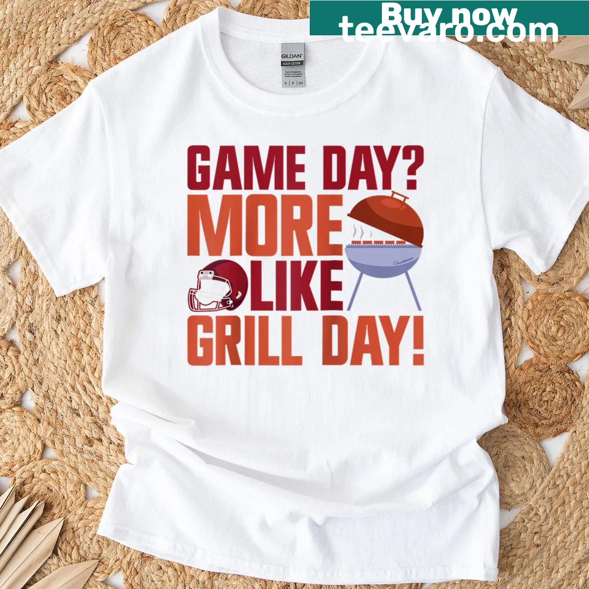 Raglan tee with humorous 'Game Day More Like Grill Day' text — on a men's t-shirt