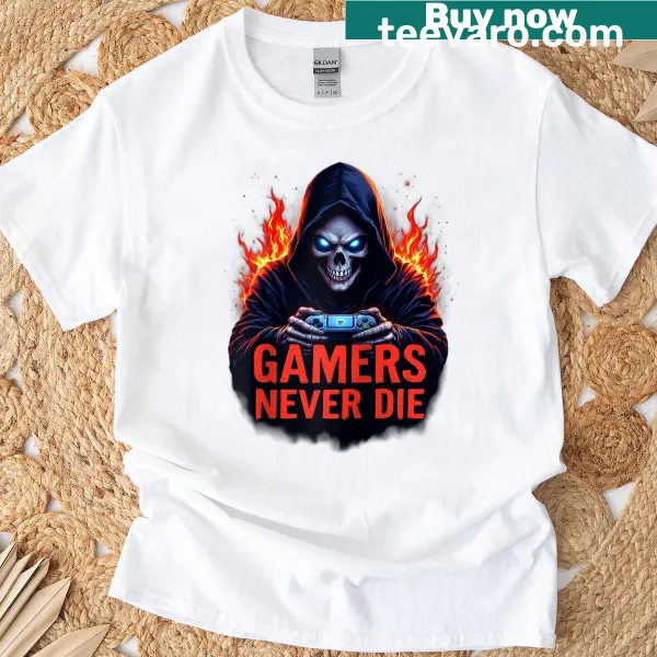 Raglan tee with 'Gamers Never Die' text for gamers