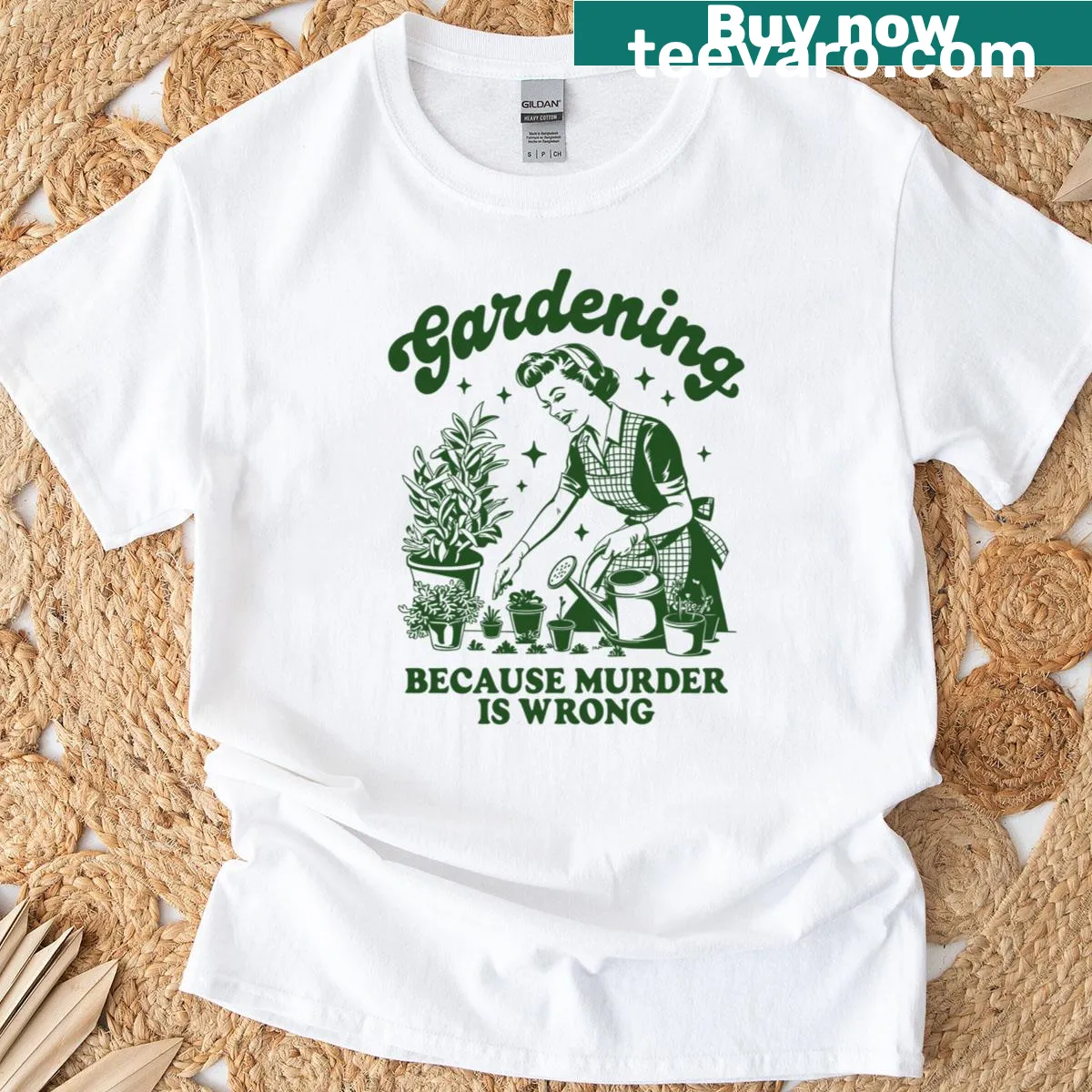 Fitted scoop tee with 'Because Murder Is Wrong' gardening text — on a men's t-shirt