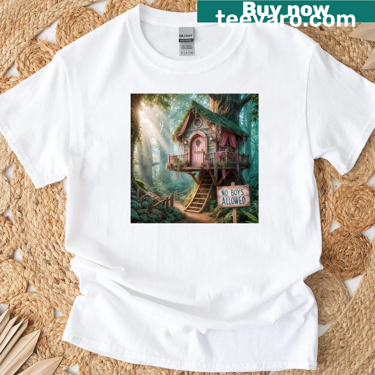 Cute T-shirt featuring a treehouse and a funny sign illustration — on a men's t-shirt