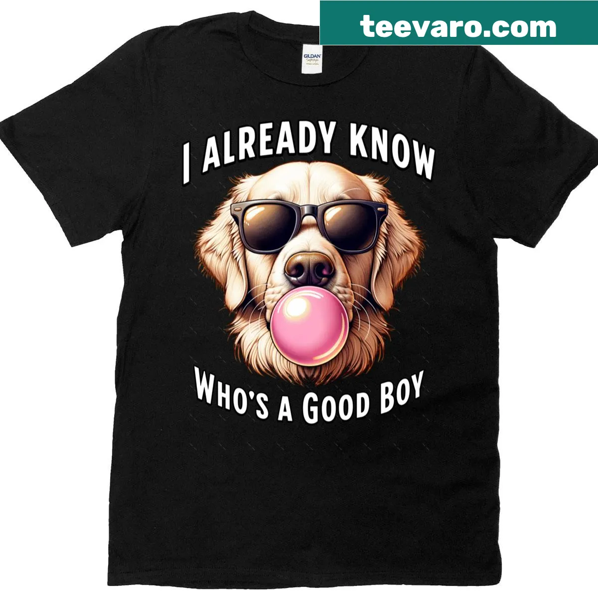 Oversized Golden Retriever t-shirt with playful dog-themed text — on a men's t-shirt