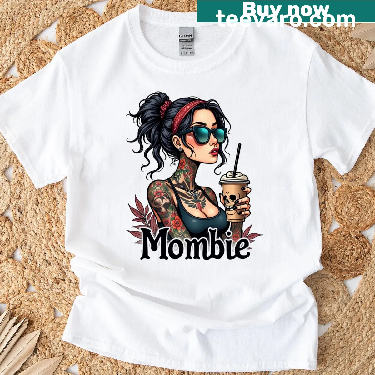 Funny Mombie t-shirt with whimsical graphic of a tired mom — on a men's t-shirt