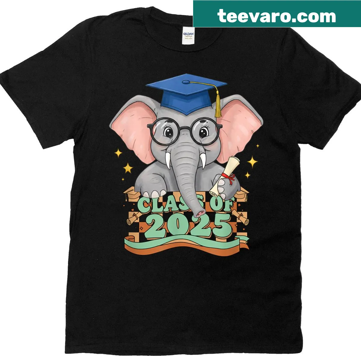 Graduation t-shirt featuring an elephant and Class of 2025 design — on a men's t-shirt