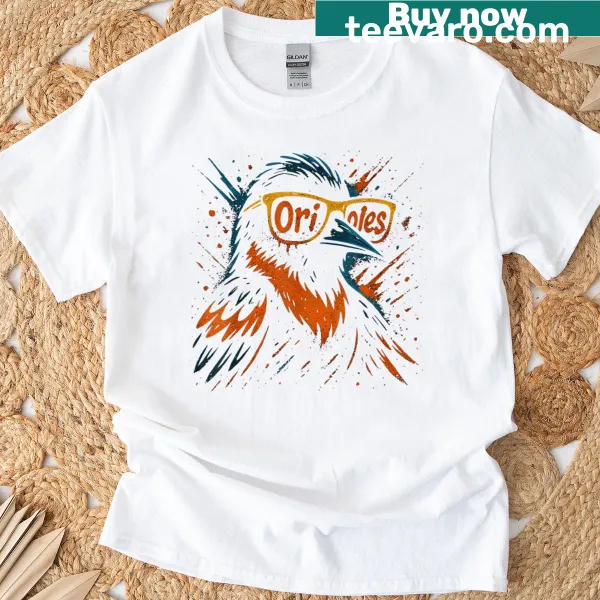 Illustrative T-shirt featuring an oriole and name design