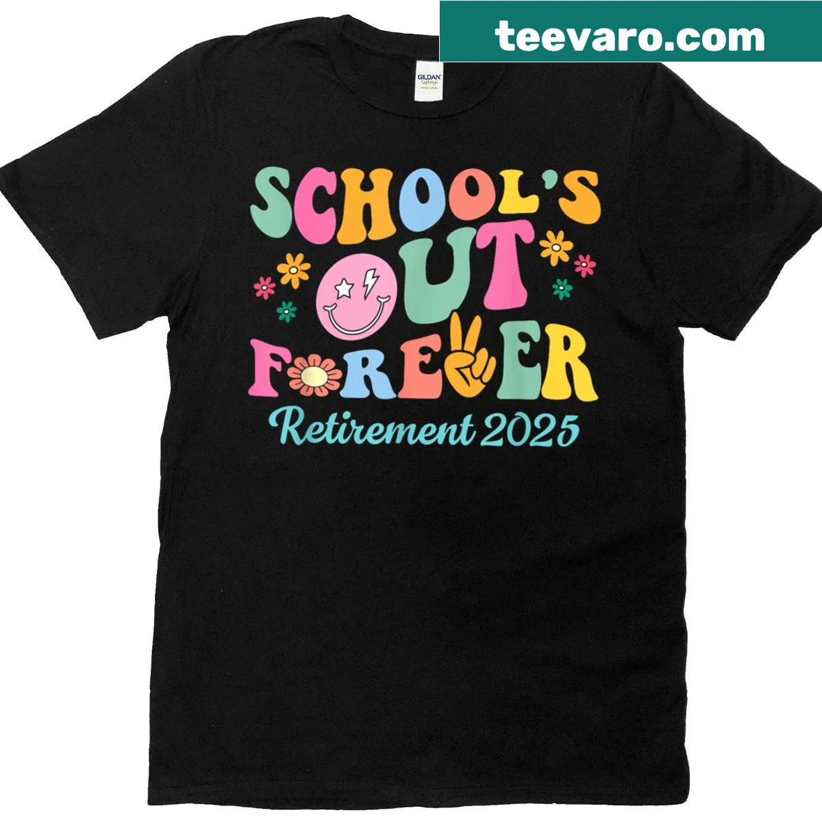 Vintage-style t-shirt with 'Schools Out Forever' graphic for retired teachers — on a men's t-shirt