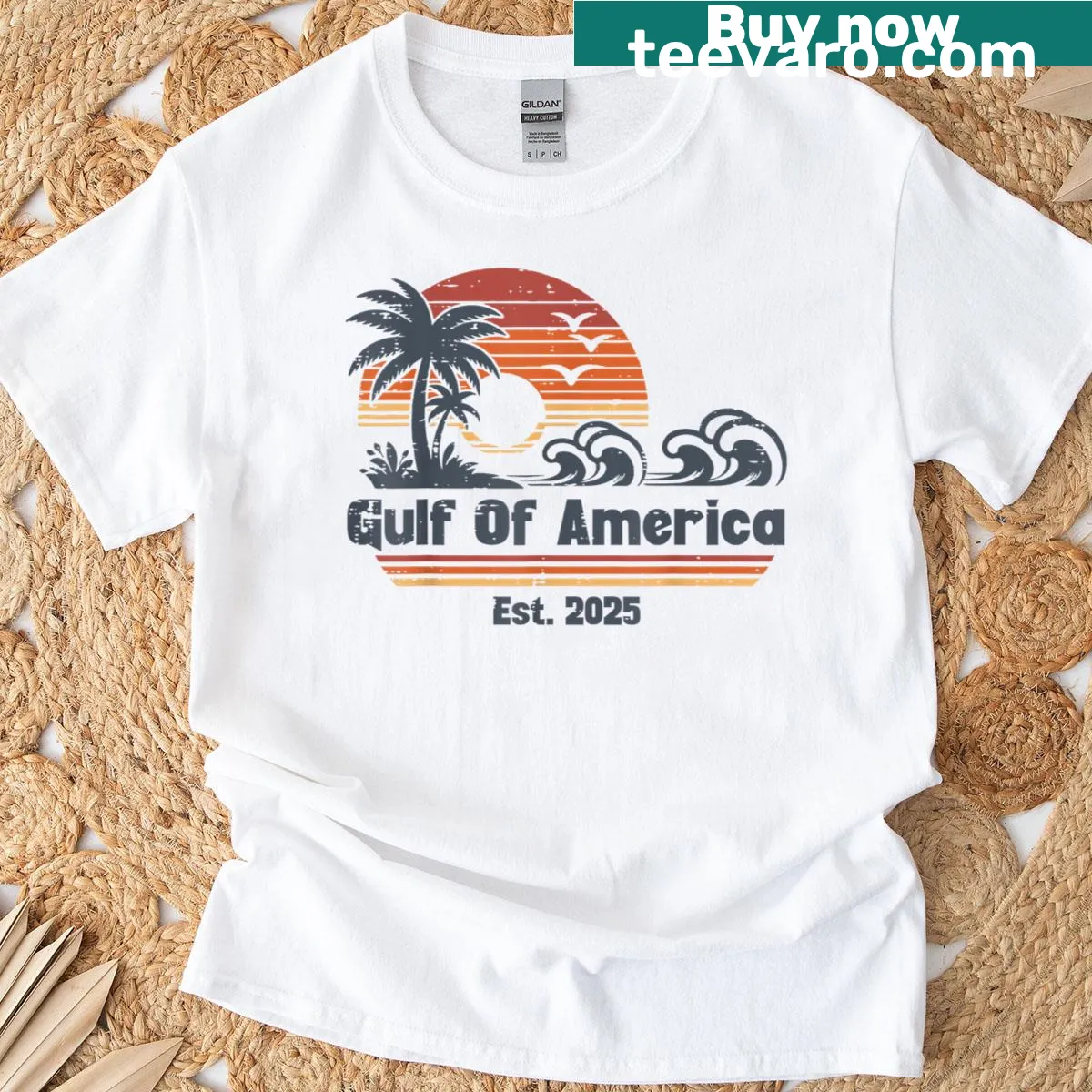 Funny t-shirt declaring 'Gulf America Est 2025' with beach-themed text. — on a men's t-shirt