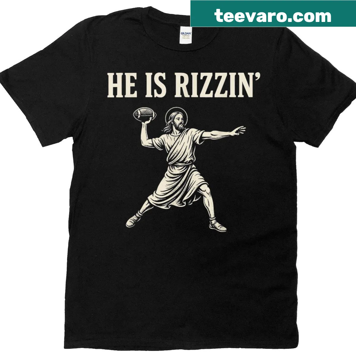Funny Jesus and football meme graphic T-shirt — on a men's t-shirt