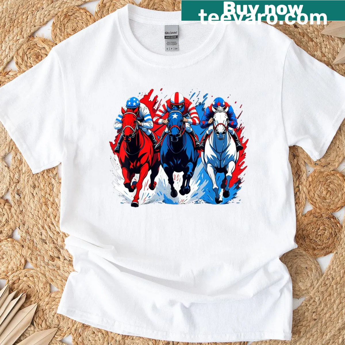 Horse racing T-shirt featuring a jockey and American flag illustration — on a men's t-shirt