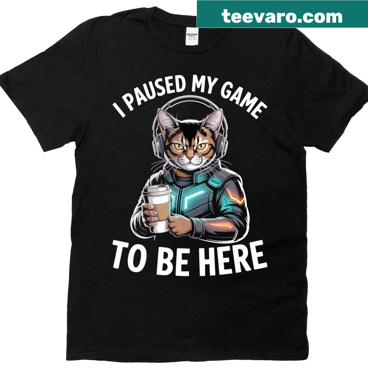 Funny gamer tee with an Abyssinian cat and humorous text. — on a men's t-shirt