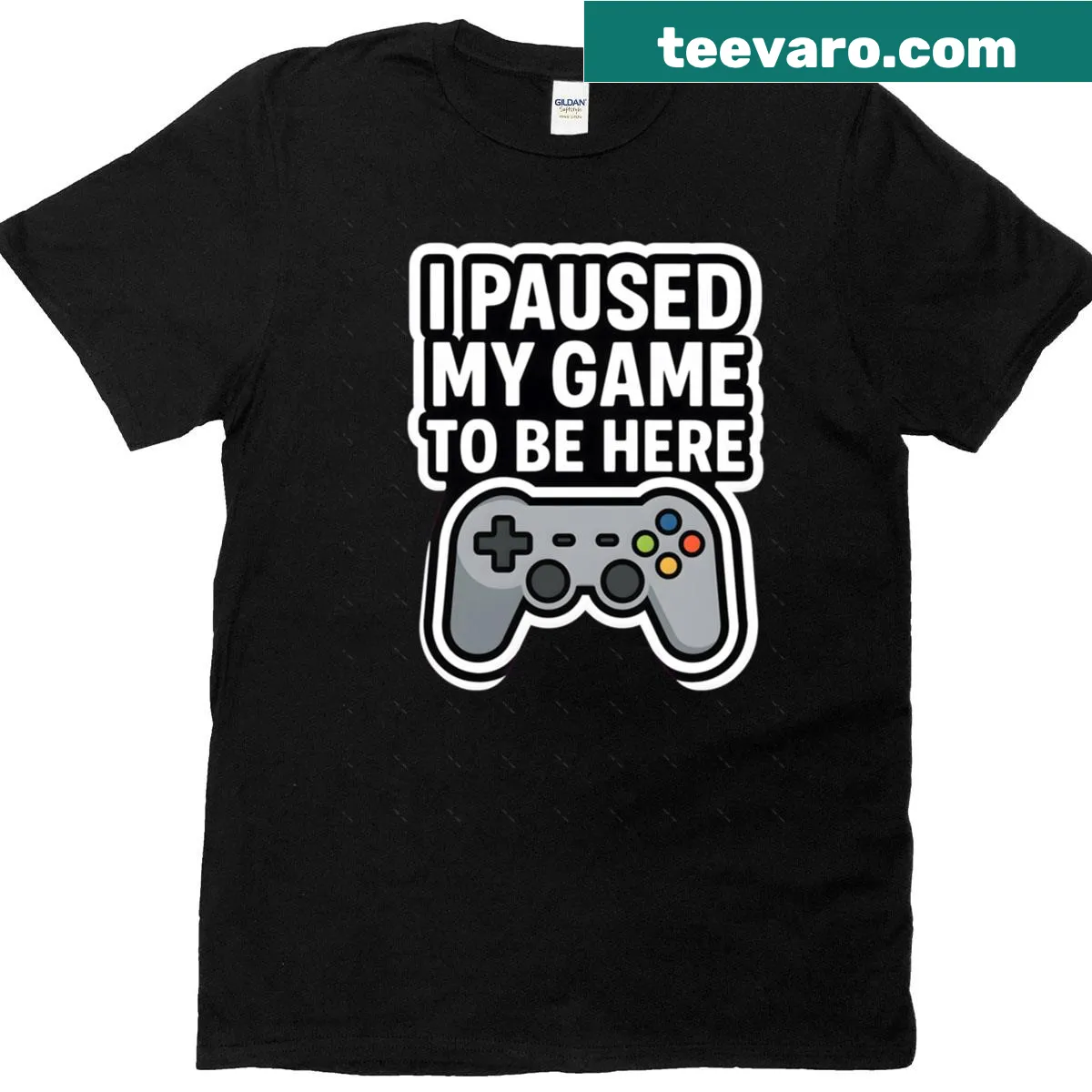 Oversized gamer t-shirt with cartoon design stating I Paused My Game To Be Here — on a men's t-shirt