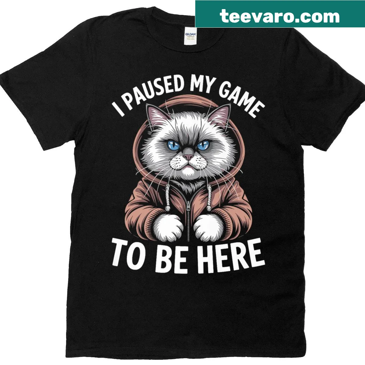 Funny premium gamer t-shirt with a Ragdoll cat design and text I Paused My Game To Be Here — on a men's t-shirt