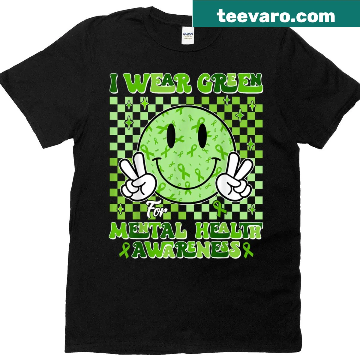 Mental health awareness t-shirt that reads I Wear Light Green For Mental Health Awareness — on a men's t-shirt