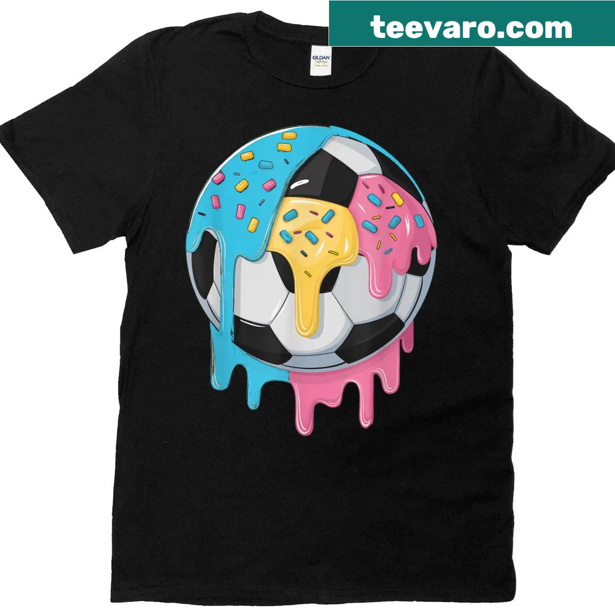Playful t-shirt with ice cream soccer ball graphic — on a men's t-shirt