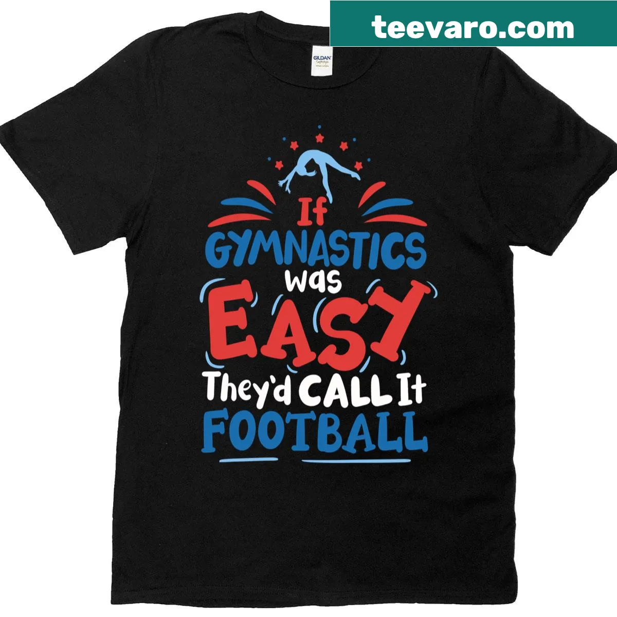 Funny gymnastics versus football graphic t-shirt — on a men's t-shirt