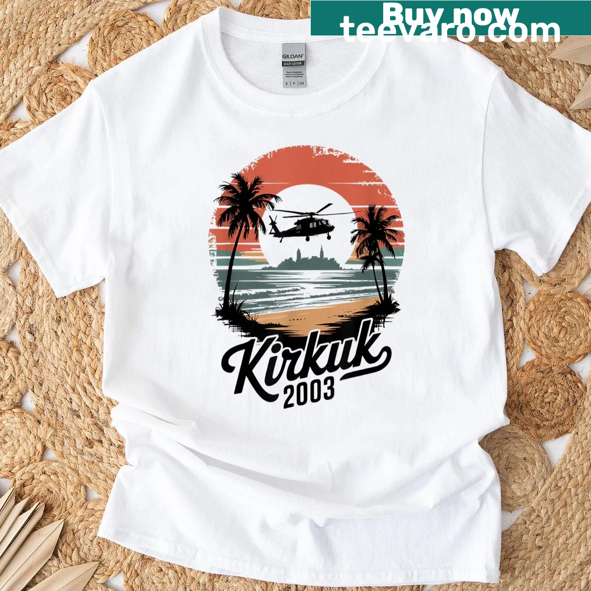 Vintage-style Kirkuk Beach t-shirt honoring Iraq War veterans. — on a men's t-shirt