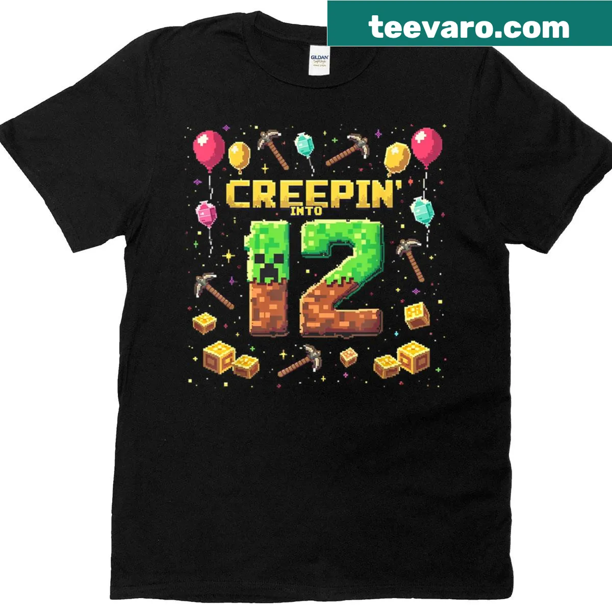 Pixelated birthday T-shirt for a 12-year-old gamer with gaming character — on a men's t-shirt