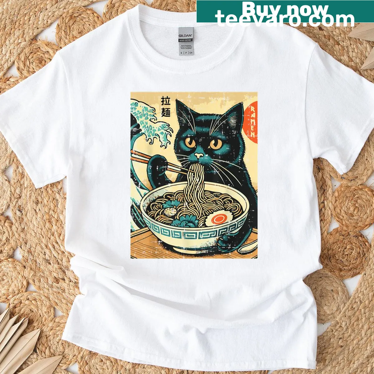 Vintage style t-shirt featuring a cat with ramen — on a men's t-shirt