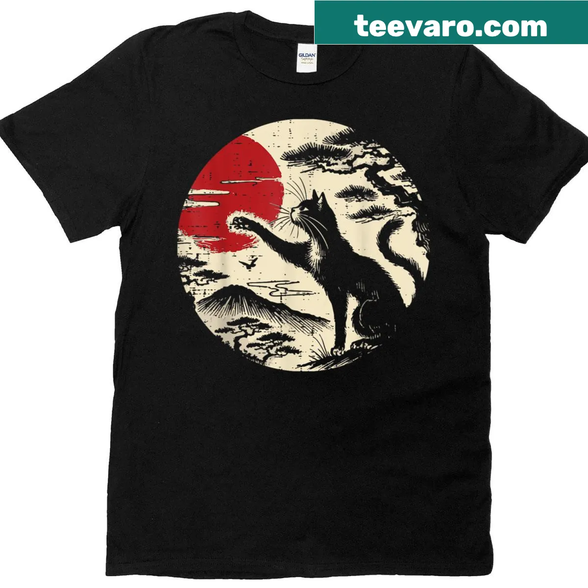 Vintage art T-shirt featuring a cat reaching for a red moon — on a men's t-shirt