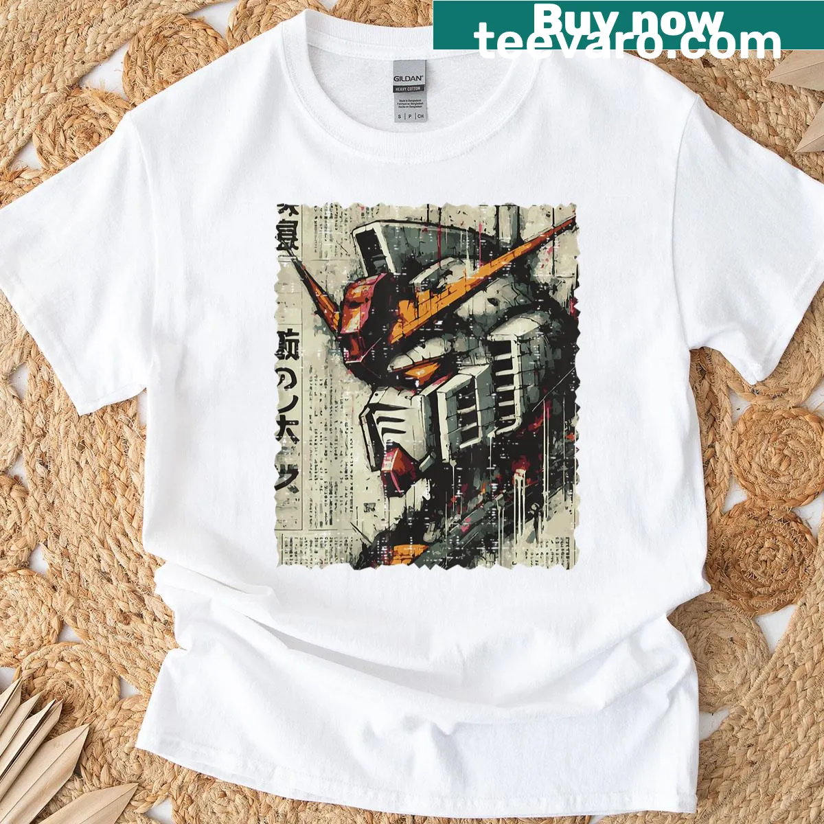 Vintage anime-style t-shirt with Japanese mecha robot design — on a men's t-shirt