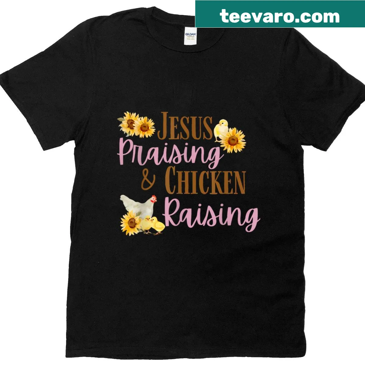 Funny farm-themed T-shirt with chicken and Jesus graphic — on a men's t-shirt