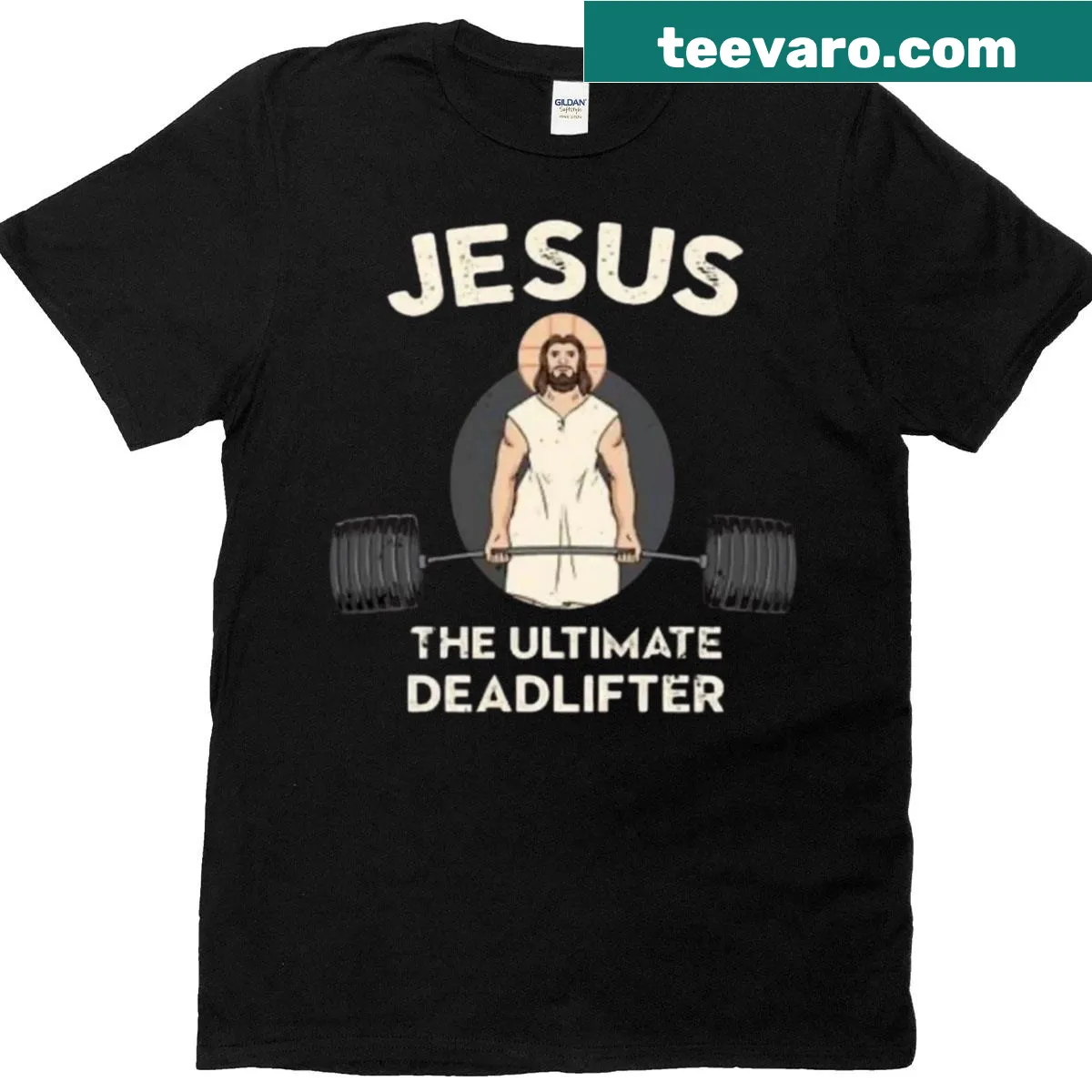 Inspirational T-shirt with text about Jesus and strength for gym-goers — on a men's t-shirt