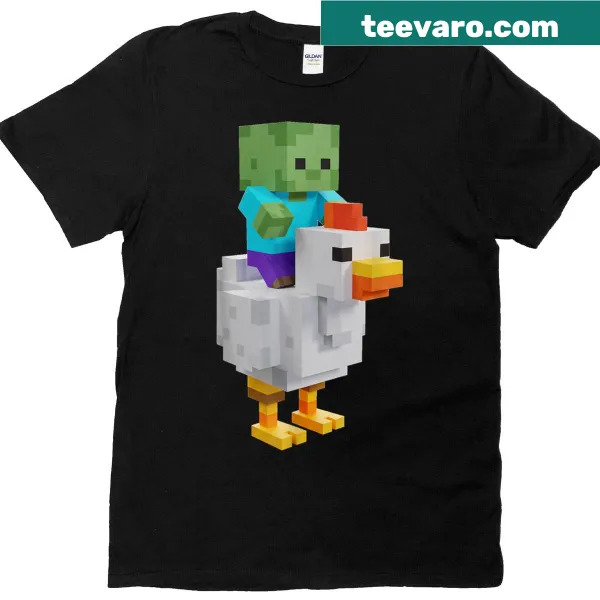 Funny gaming T-shirt with pixel art of chicken and zombies