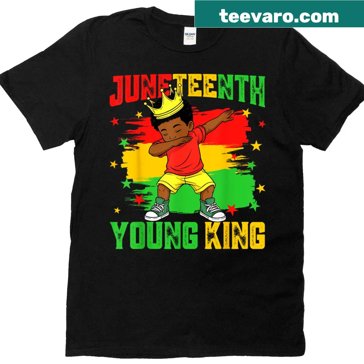 T-shirt with dabbing young king graphic for Juneteenth celebration — on a men's t-shirt