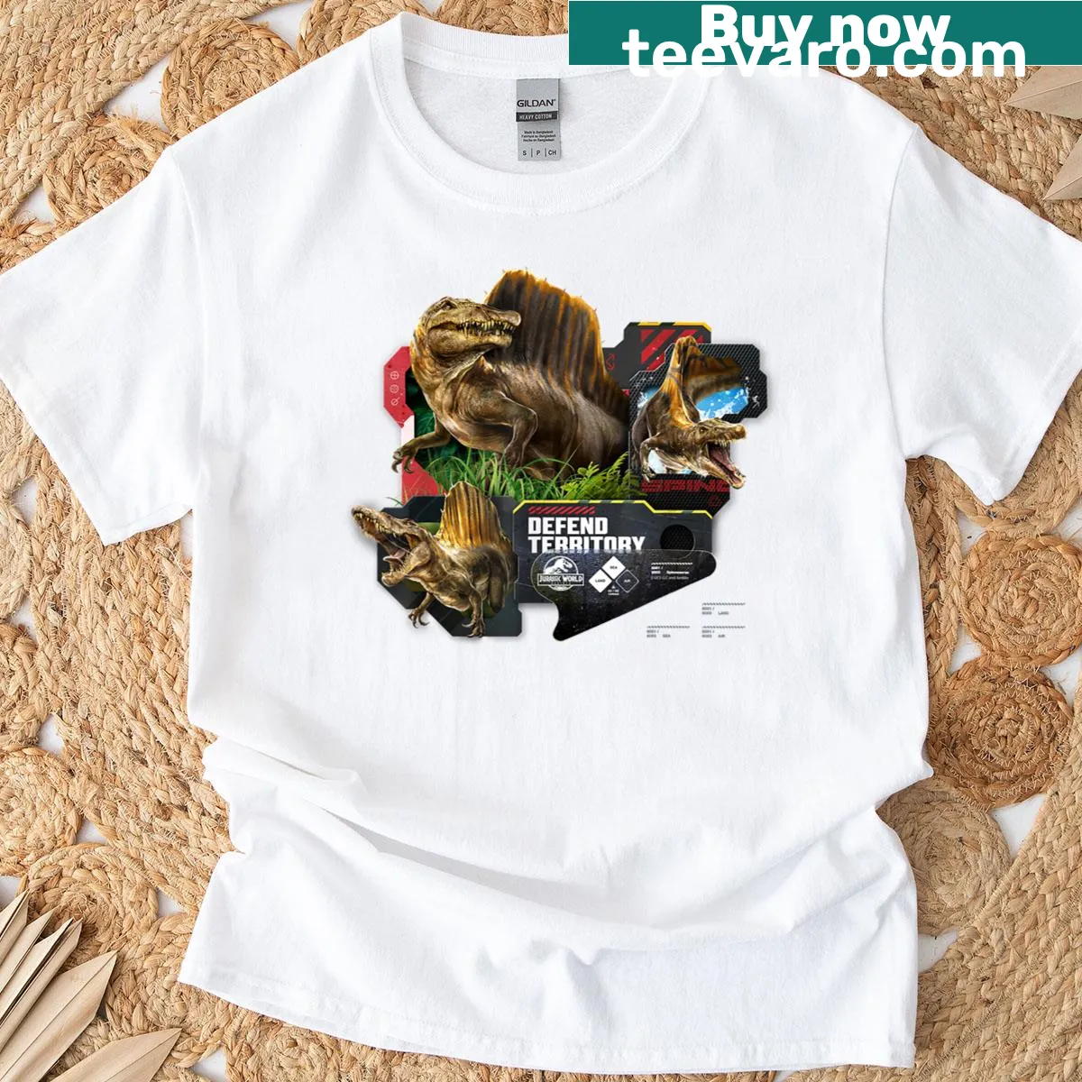 Illustrated Spinosaurus design on Jurassic World themed t-shirt — on a men's t-shirt