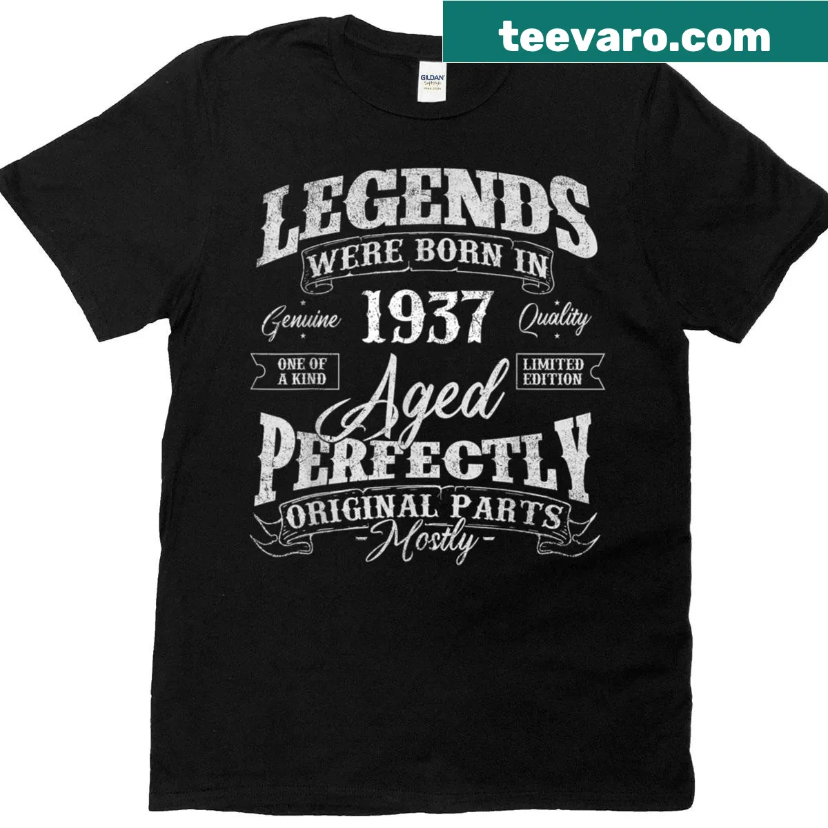 T-shirt celebrating the year 1937 with bold text — on a men's t-shirt