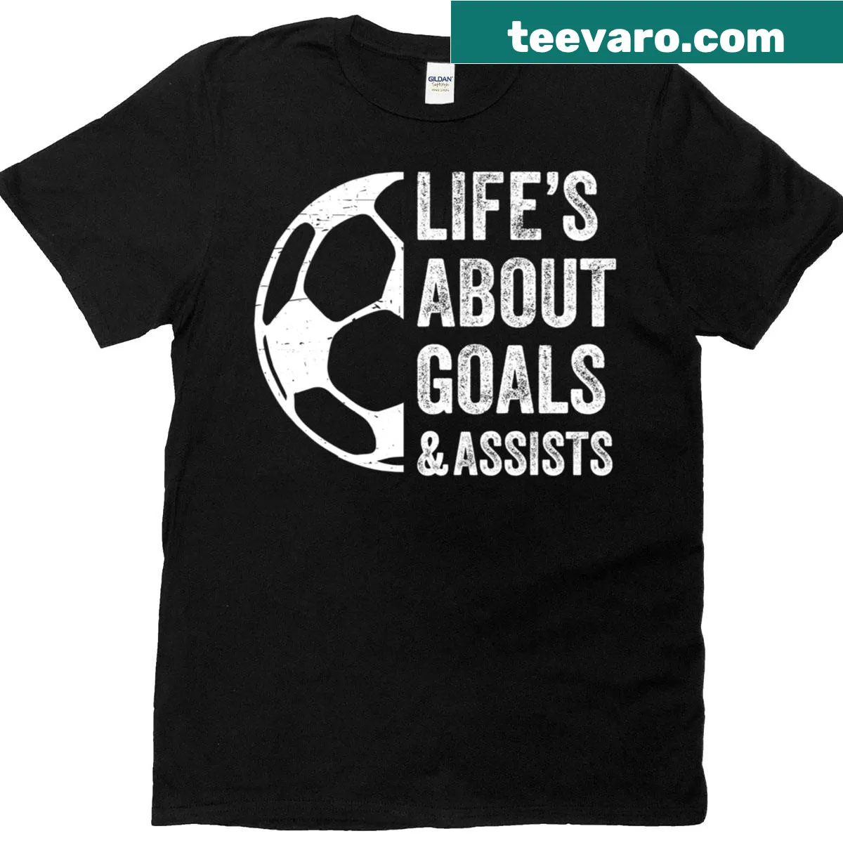 Funny soccer t-shirt with 'Lifes About Goals And Assists' text — on a men's t-shirt