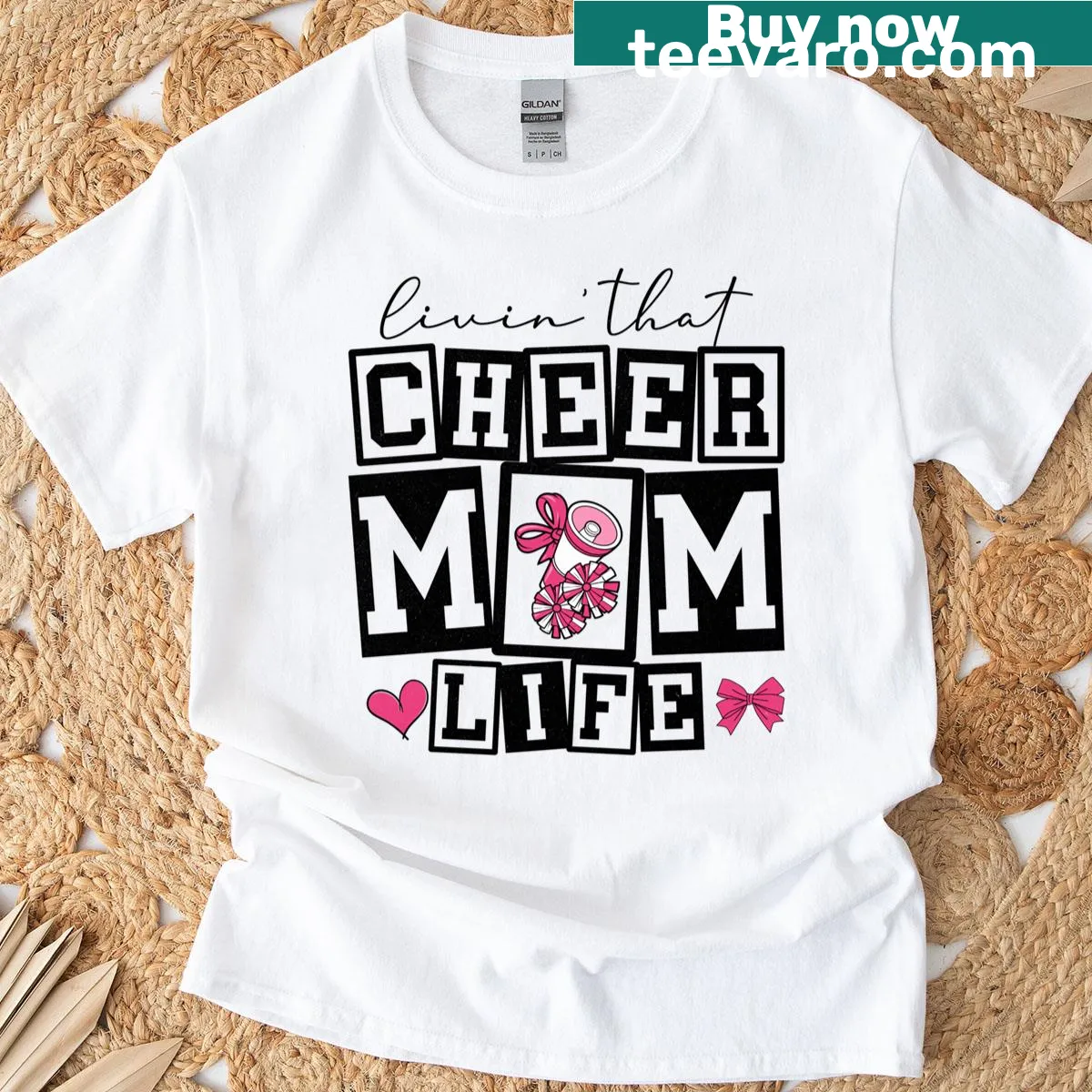 Cute T-shirt for cheerleader moms with 'Livin That Cheerleader Mom' text — on a men's t-shirt