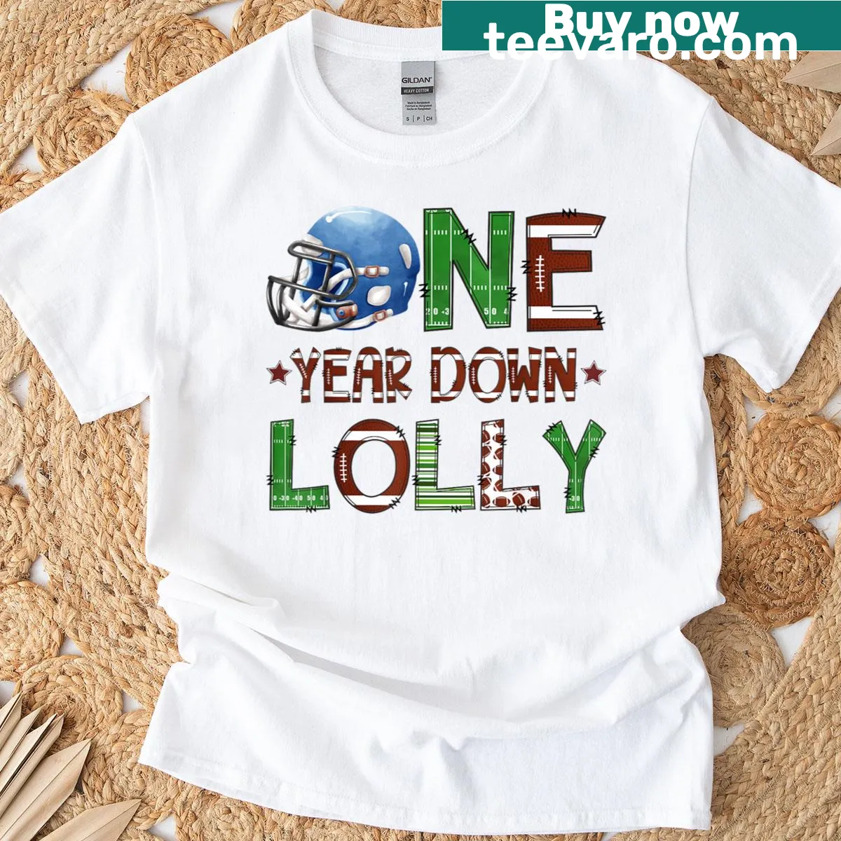 Funny football-themed birthday shirt for one-year-old with cartoon football — on a men's t-shirt