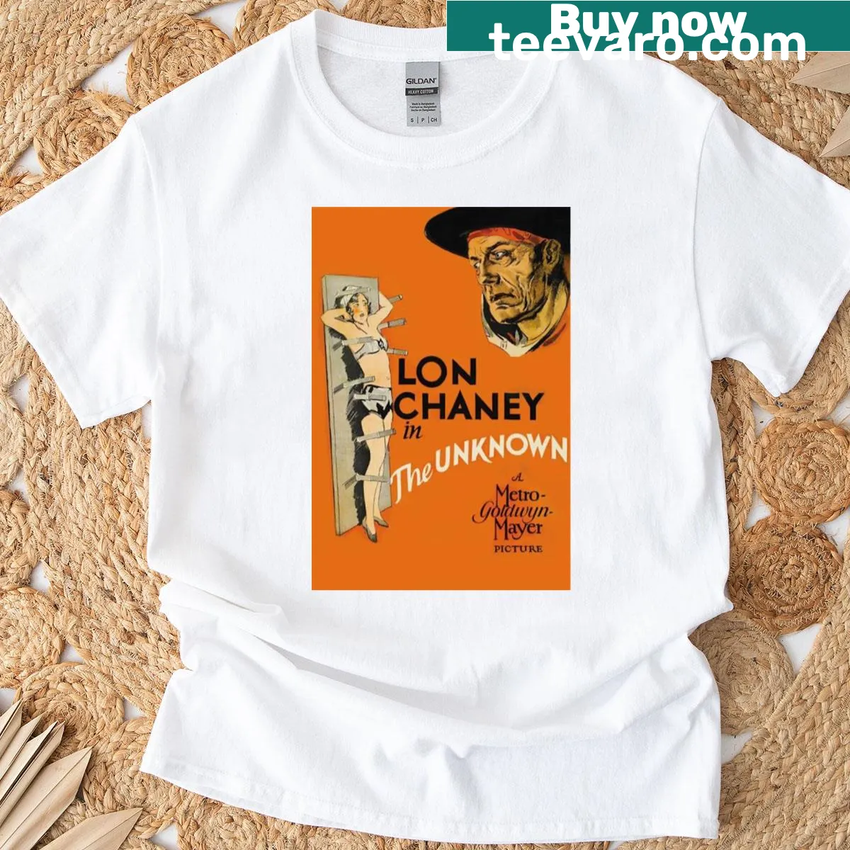 Vintage-style T-shirt featuring Lon Chaney in a horror theme — on a men's t-shirt