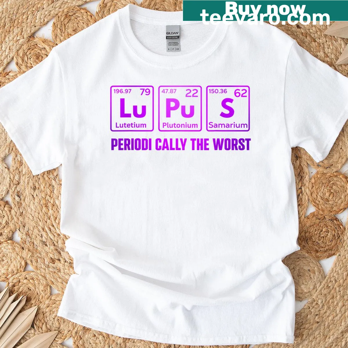 Periodic table inspired T-shirt for lupus awareness with elements graphic — on a men's t-shirt