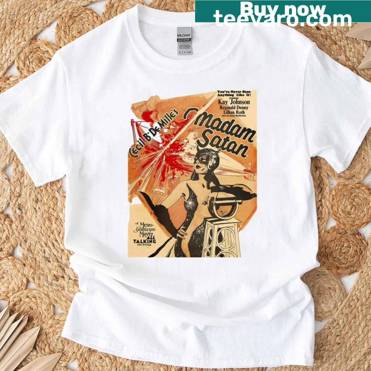 Vintage-style t-shirt featuring Madame Satan design — on a men's t-shirt
