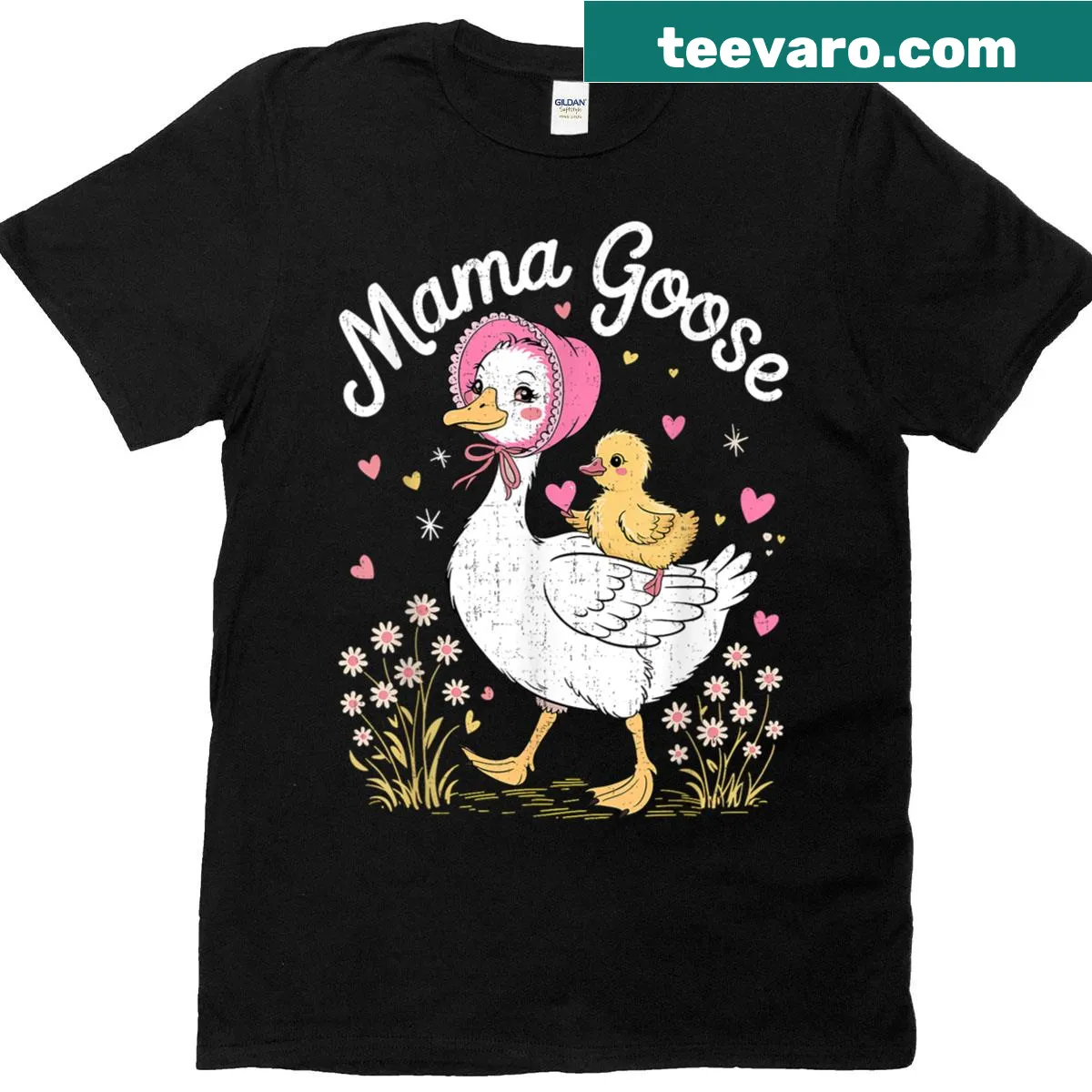 Vintage T-shirt with a mama duck and baby geese graphic — on a men's t-shirt