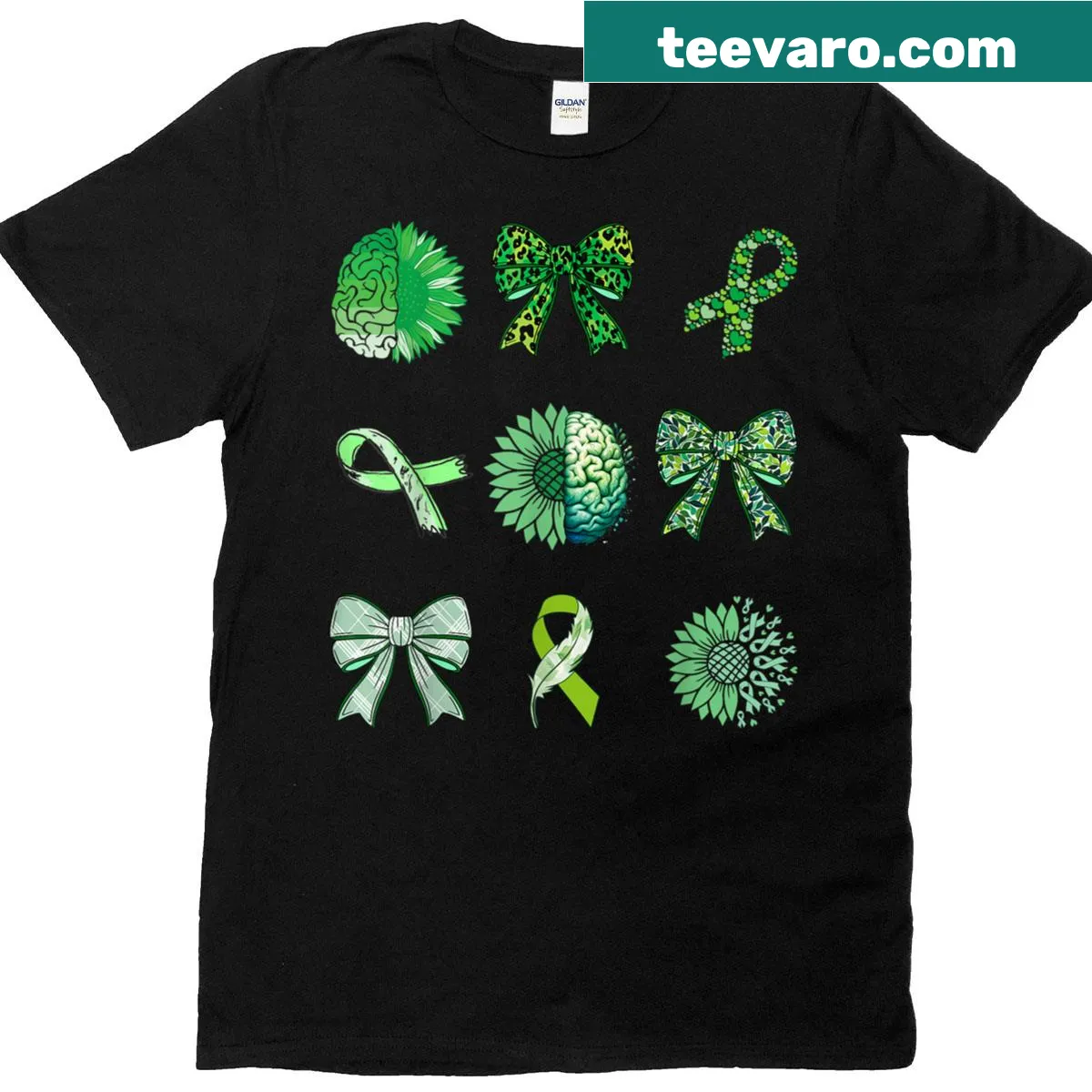Mental health awareness T-shirt with a green ribbon bow and brain graphic. — on a men's t-shirt