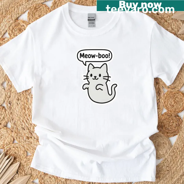 Vintage ghost cat design t-shirt, perfect for Halloween, with a funny expression.