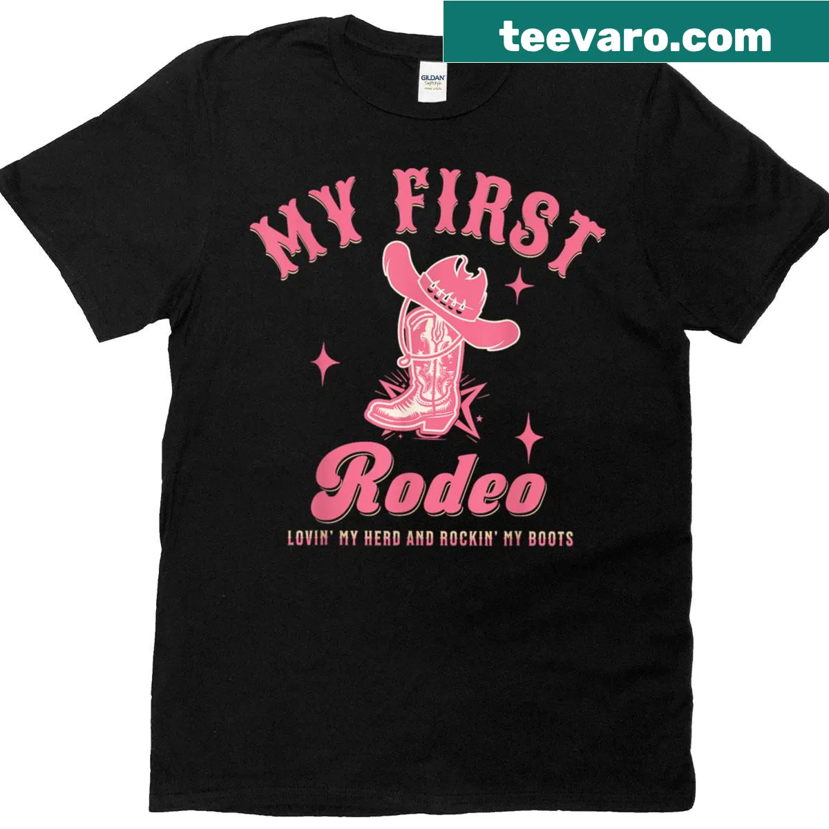 Rodeo-themed T-shirt with cowboy boots graphic — on a men's t-shirt