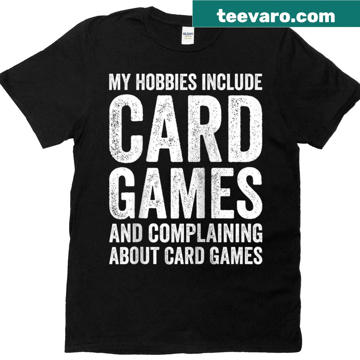 Cartoon graphic of card games on a raglan baseball tee — on a men's t-shirt