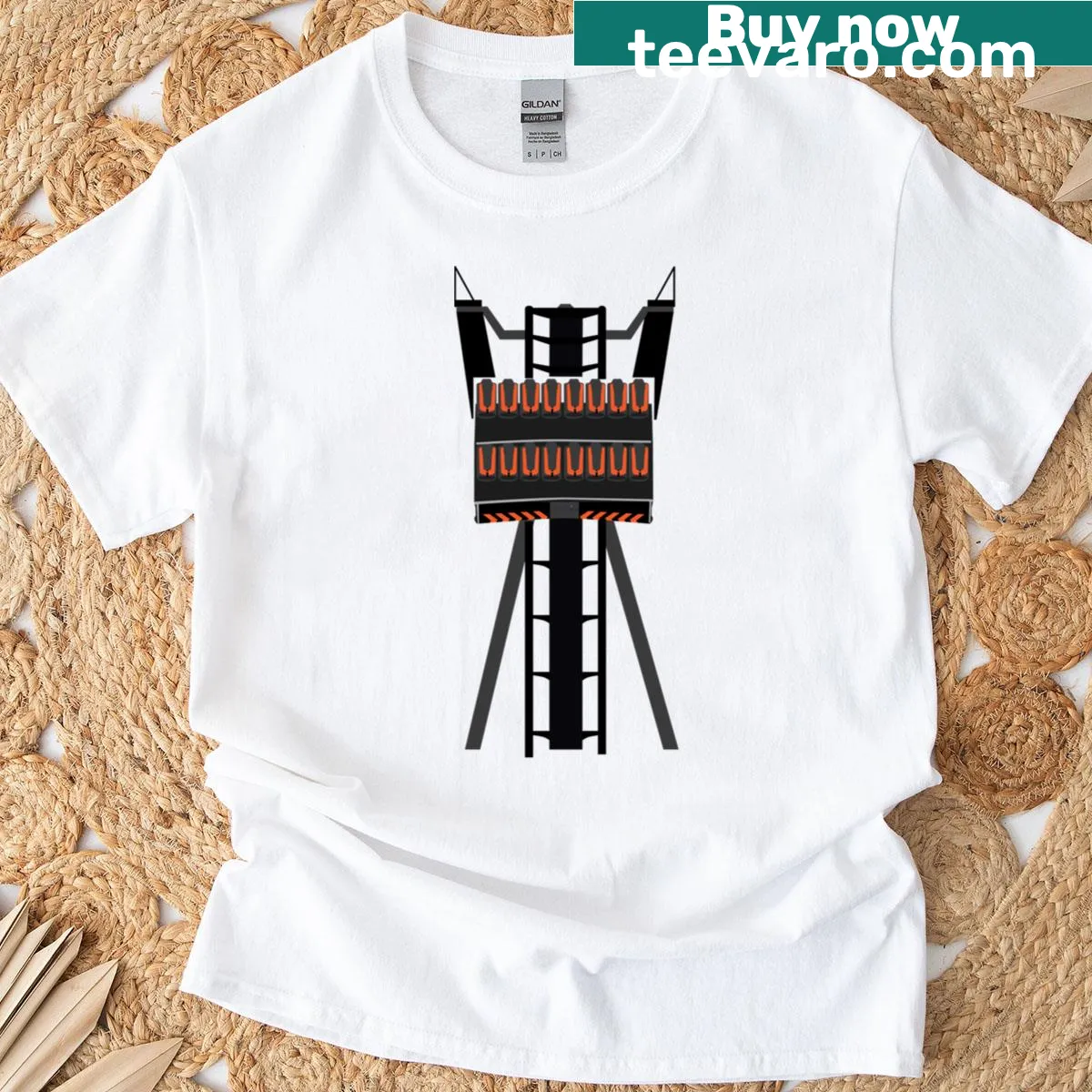 Playful T-shirt design featuring the Oblivion ride from Alton Towers. — on a men's t-shirt