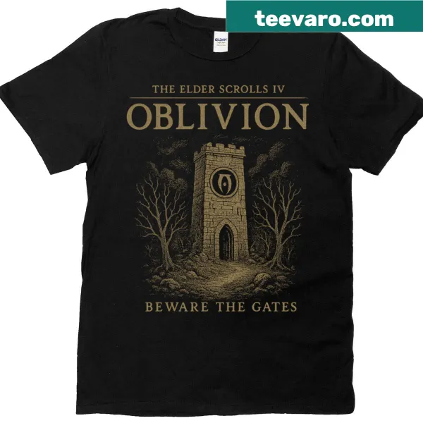 Edgy fantasy-themed shirt featuring an illustrated tower, perfect for adventure and gaming fans.