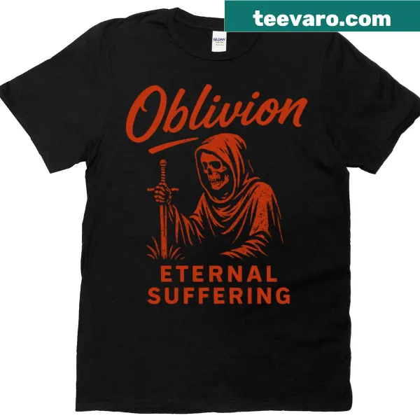 Skeleton-themed t-shirt with eternal suffering illustration
