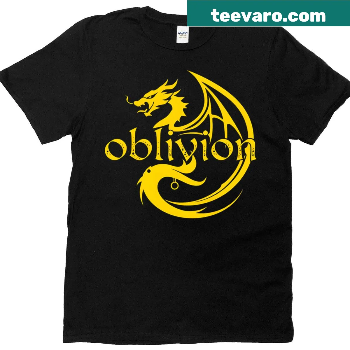 Oblivion-themed t-shirt featuring a bold gold graphic — on a men's t-shirt