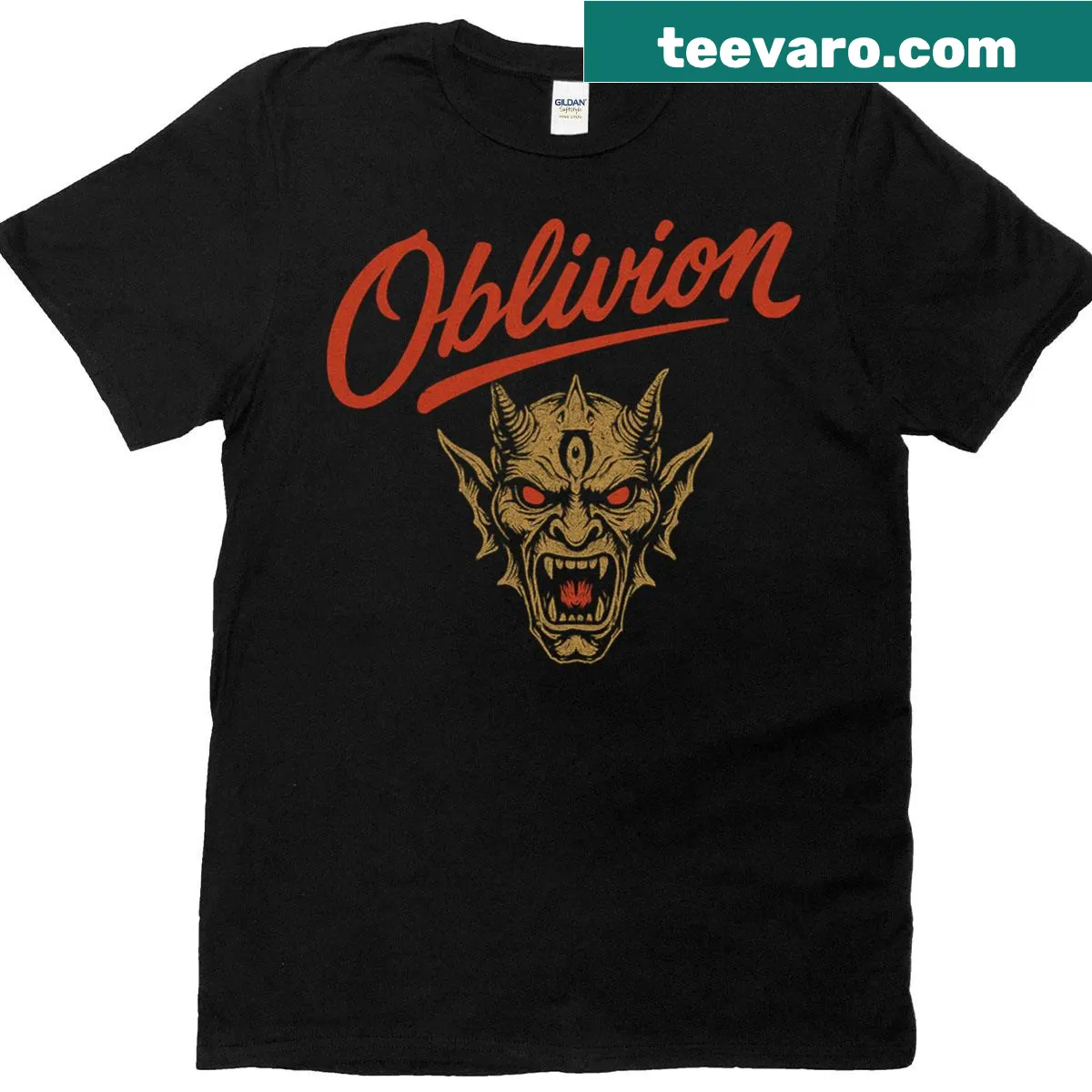 T-shirt with a graphic of a raging horned Daedra from Oblivion — on a men's t-shirt